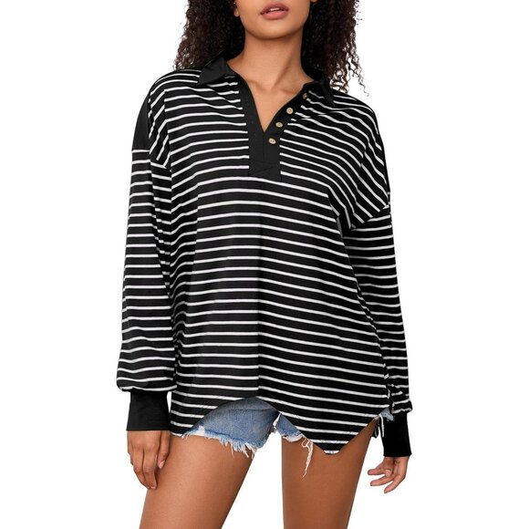 Women's Striped Color Block Polo Shirt Long Sleeve Lapel Collar Sweatshirt Butto - Picture 1 of 6